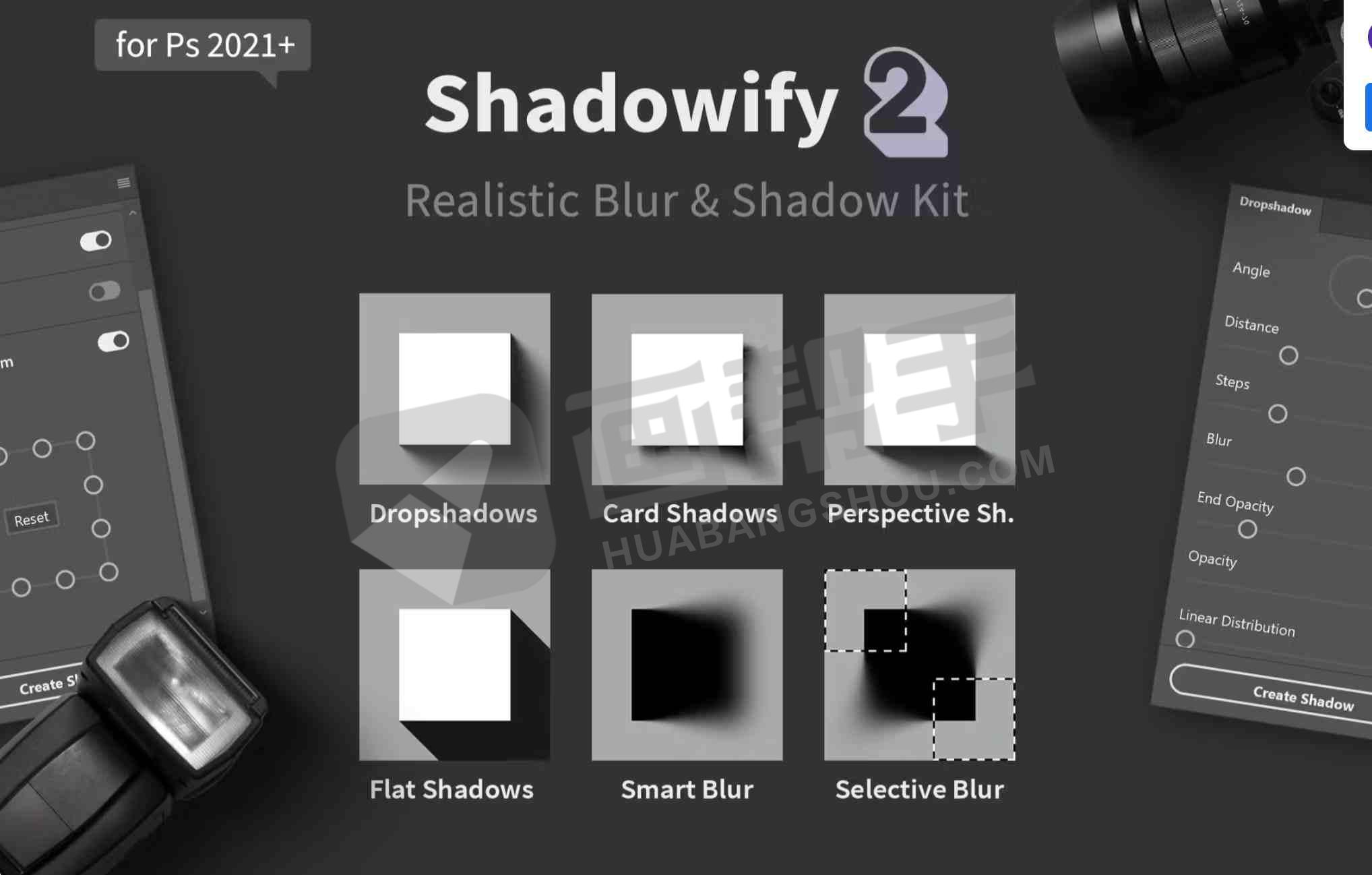 PS汉化插件丨模拟真实投影拖尾阴影工具 Shadowify 2 – Realistic Blur & Shadow Kit